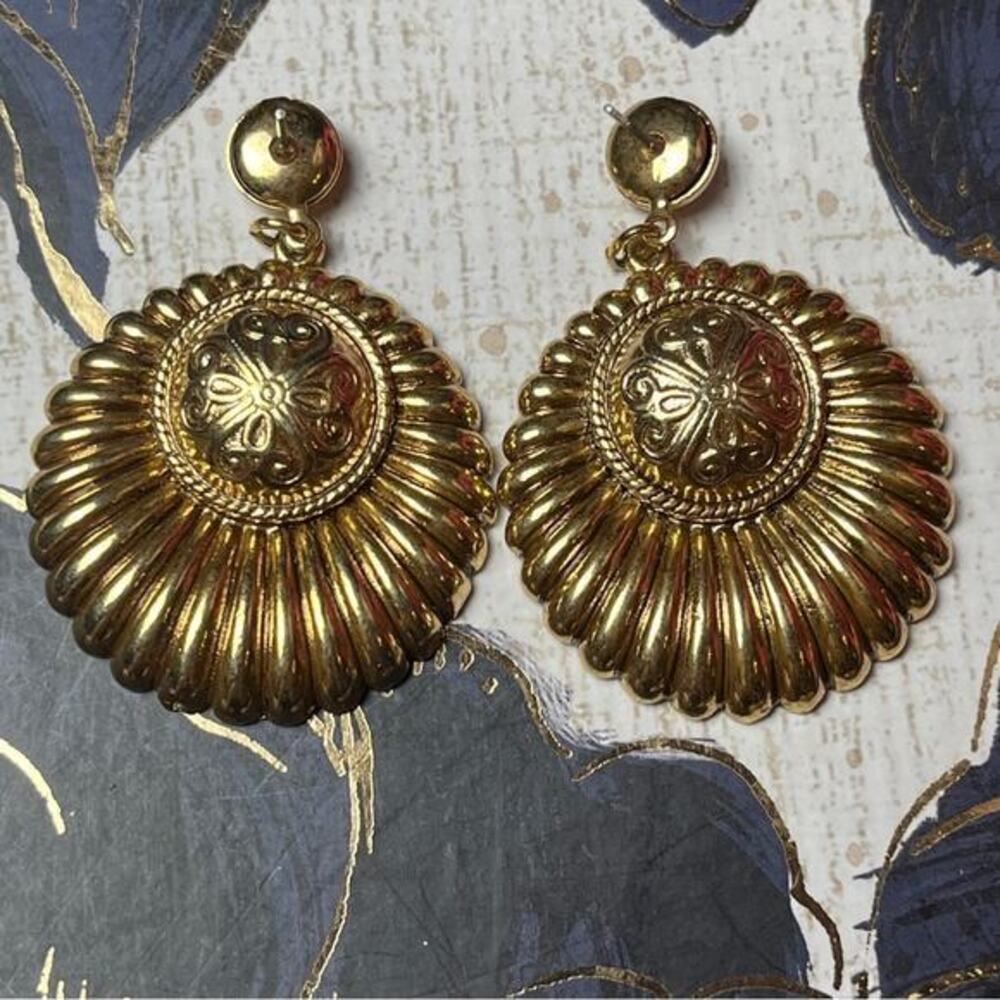Vintage 1980s Oversized Large Regal Gold Statement Earrings D2